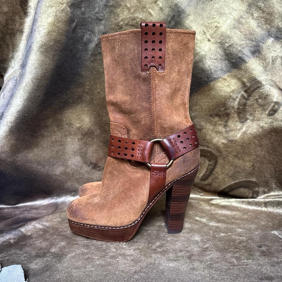 Frye harmony short boho western tan brown suede platform harness boots size 7.5 - Picture 2 of 6